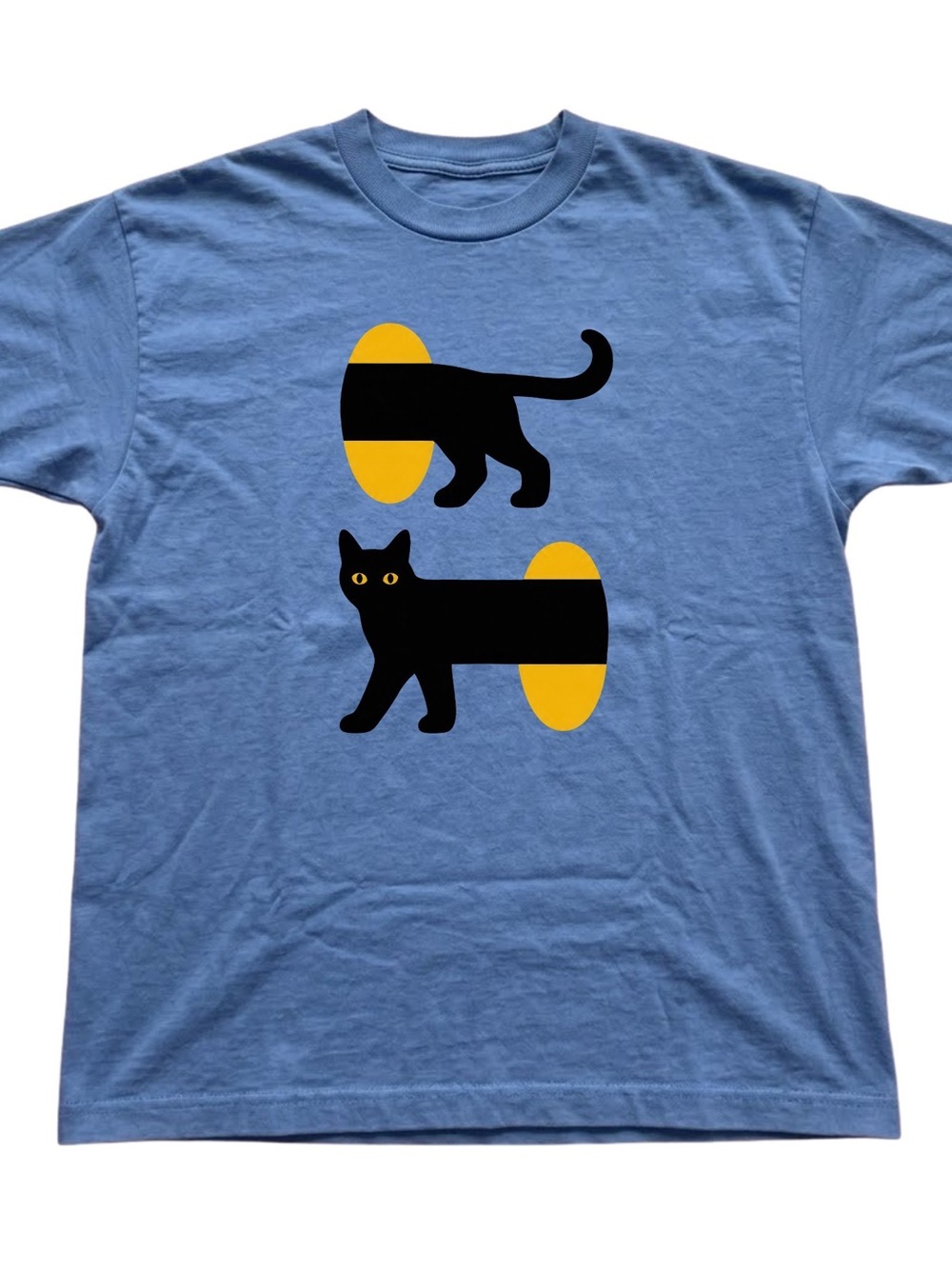 Gildan Light Blue Tee with Black Cat Graphic and Yellow Accents, Gift For Her